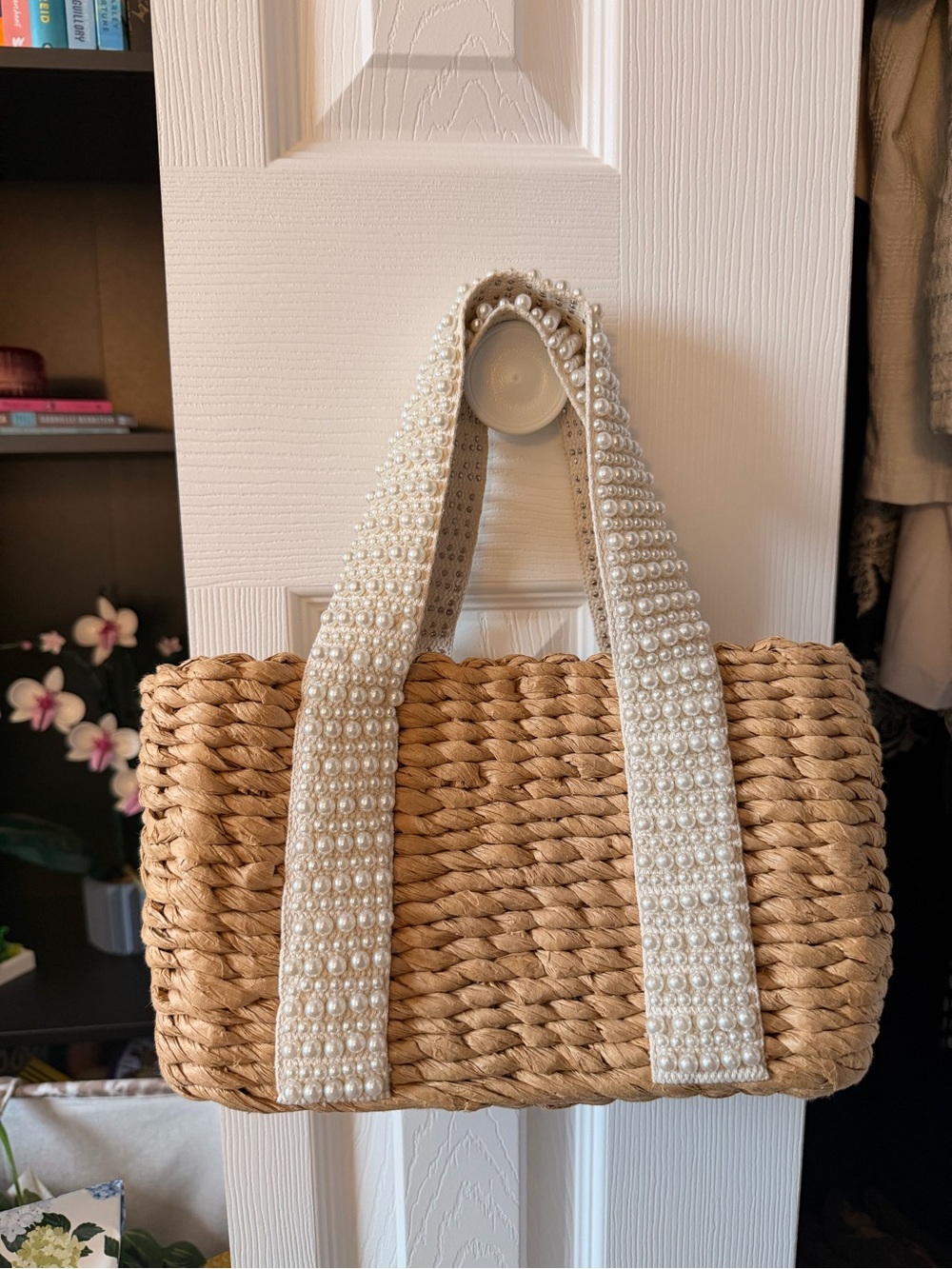Pearl-Accent Woven Straw Tote Bag - Natural - Picture 2 of 8